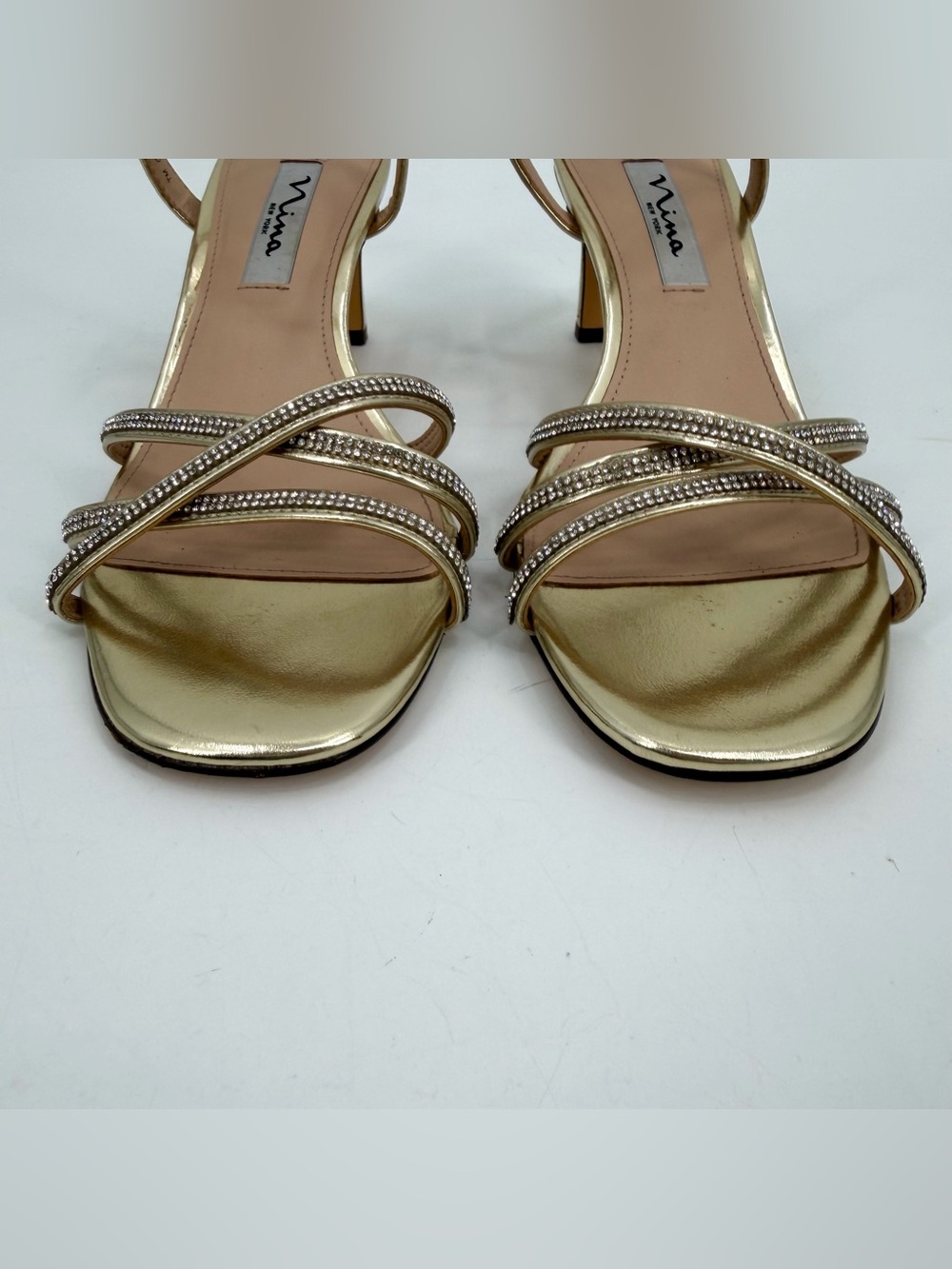 Nina Strappy Sandals Dressy Heels Women’s 7.5 M Gold Criss Cross Rhinestone - Picture 3 of 11